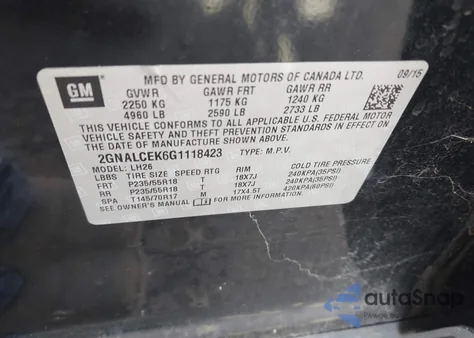 2016 Chevrolet Equinox Lt from USA, damaged, VIN 2GNALCEK6G1118423